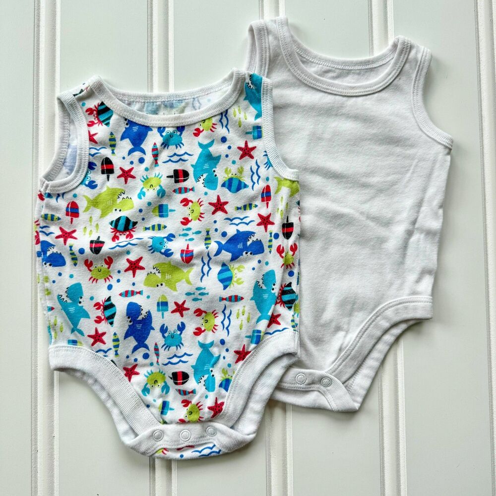 4/$10 - Set of 2 Garanimals Tank Top Onesie Bodysuits | Ocean Sea Life Beach Nau